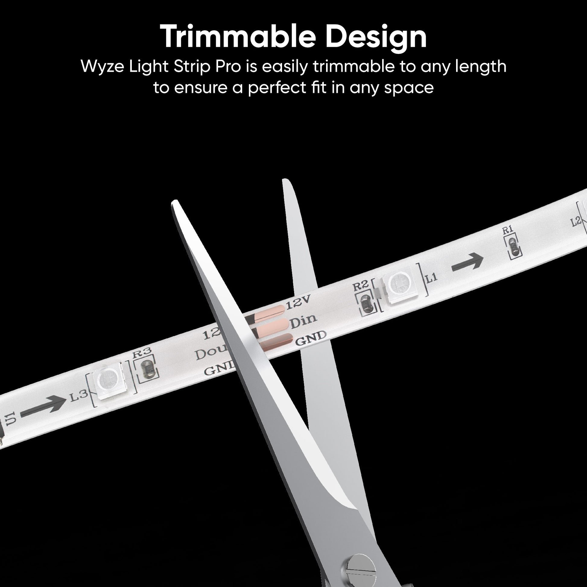A pair of scissors cutting the light strip. Black text overlay that says "Precise customization to fit your space."