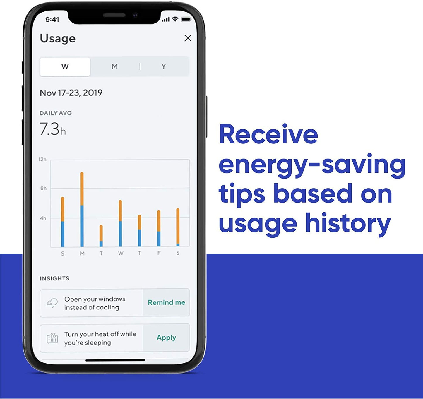 Close up of smartphone with Wyze app open and on the usage screen. Blue text overlay that says "Receive energy-saving tips based on usage history."