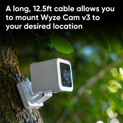 Wyze Cam v3 installed on a tree with a long power cord attached. White text overlay that says "A long, 12.5ft cable allows you to mount Wyze Cam v3 to your desired location."