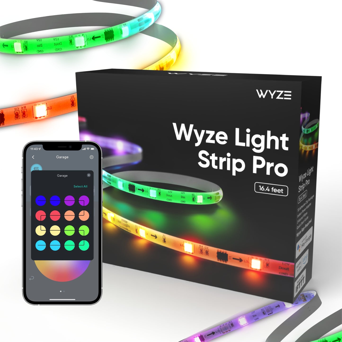 Wyze Light Strip Pro against a white background. There is a phone to the left with the smart light app opened.