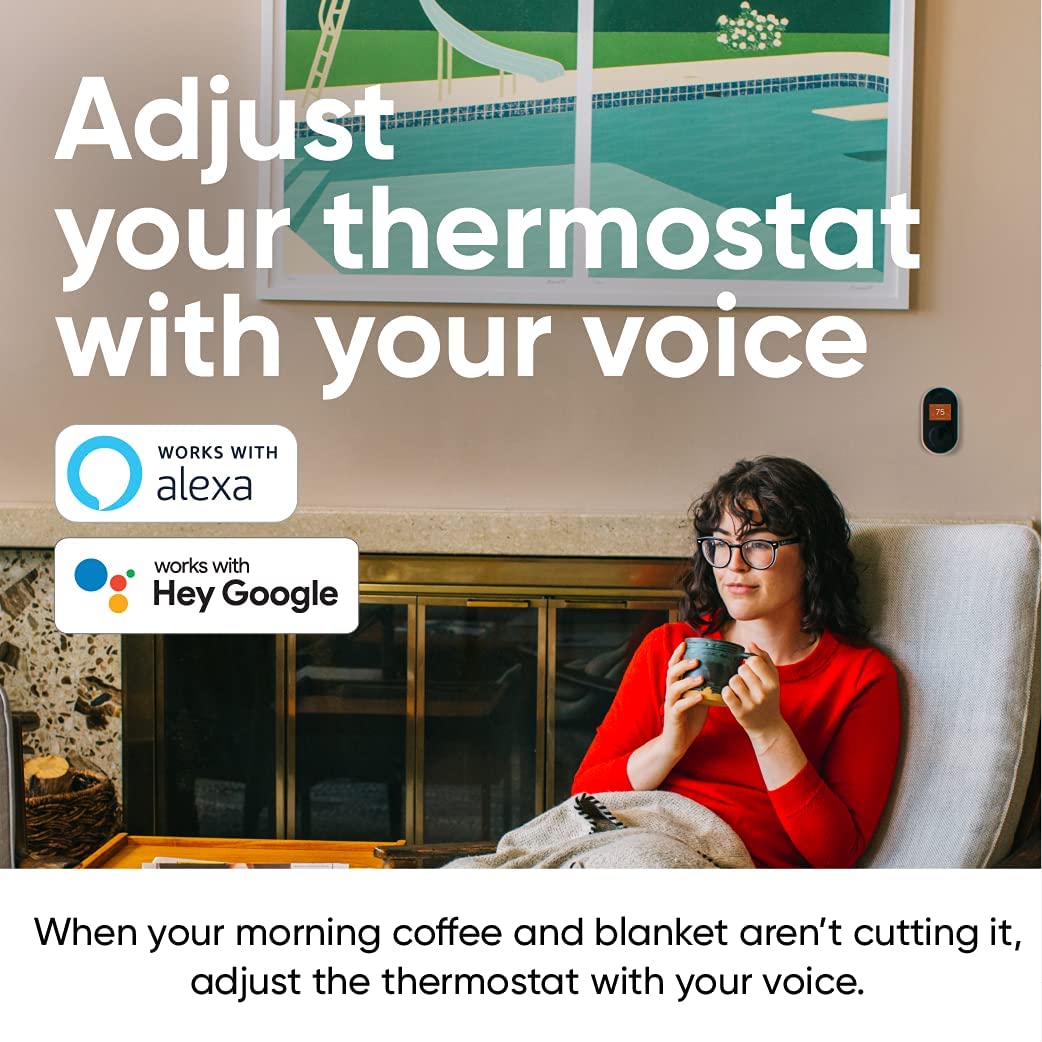 Woman sitting in a shari with the Wyze Thermostat unit installed behind her. White text overlay that says "Adjust your themostat with your voice." Icons that say "Works with Alex," and "Works with Hey Google."