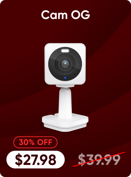 Smart home camera with price and discount information on a red background