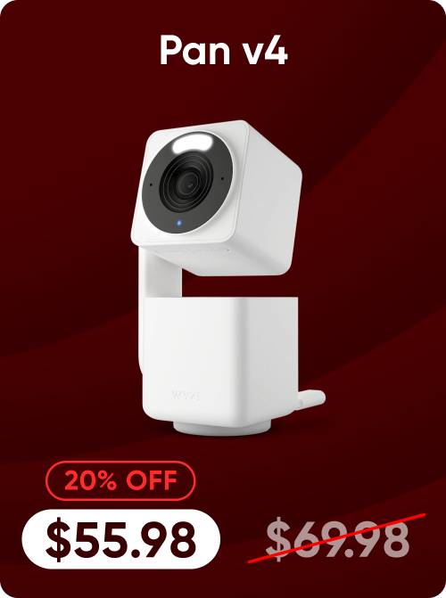 White security camera with a red discount banner on a dark red background