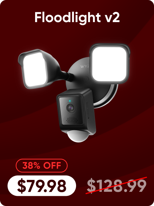 Wyze Floodlight v2 security camera with price and discount information on a red background