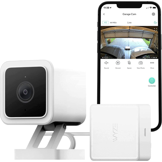 Wyze cam with garage door controller and smartphone in background