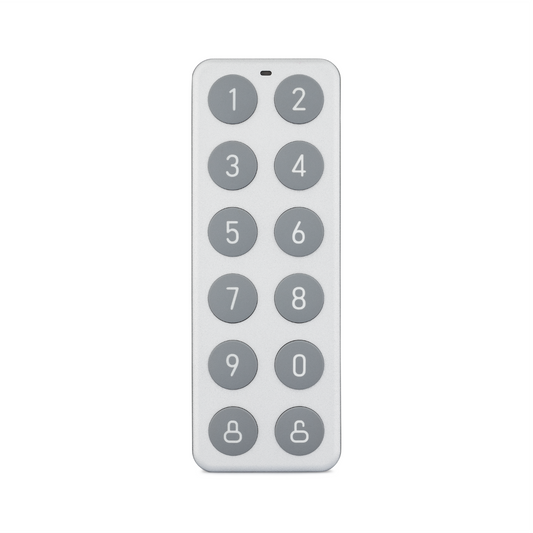 Front view of Wyze Lock Keypad. 2 columns of numbered buttons with a lock and unlock button at the very bottom.