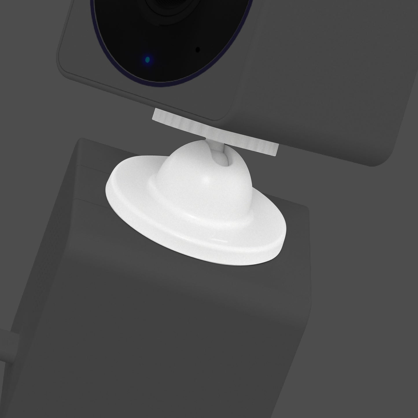 3D render of stack mount twisted to angle the attached Wyze Cam OG Telephoto camera to the side.