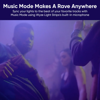 Young people dancing under a purple light. White text overlay that says "Sync your lights to the beat of your favorite tracks."