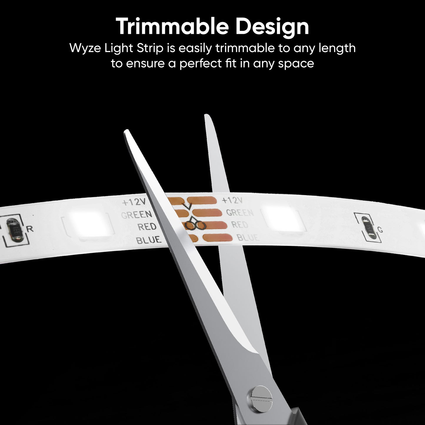 A pair of scissors cutting the light strip. Black text overlay that says "Precise customization to fit your space."