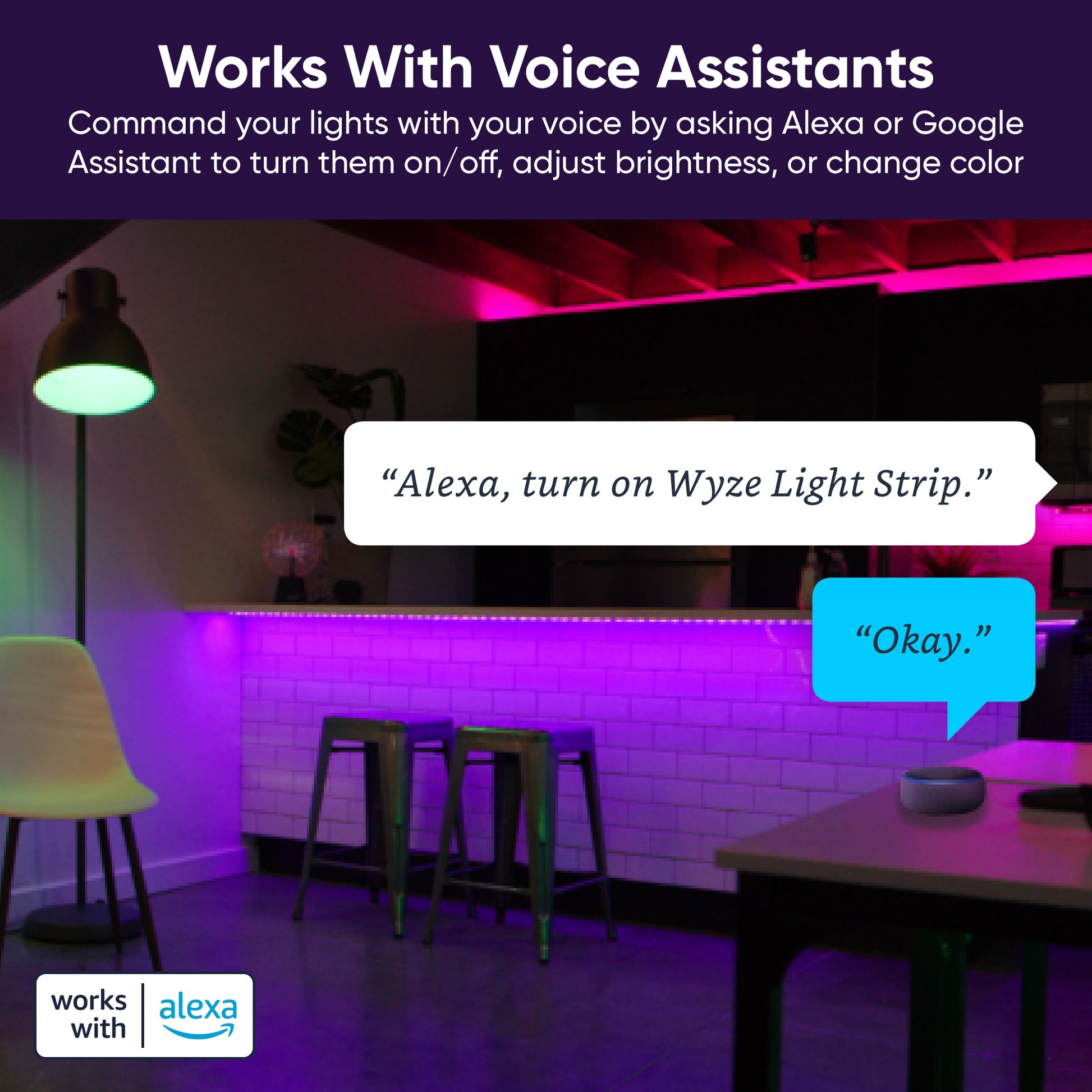 Pink hue lighting up the ceiling and purple lighting lining the bar. White text overlay that says "Control your lights with just your voice. Works with voice assistants."