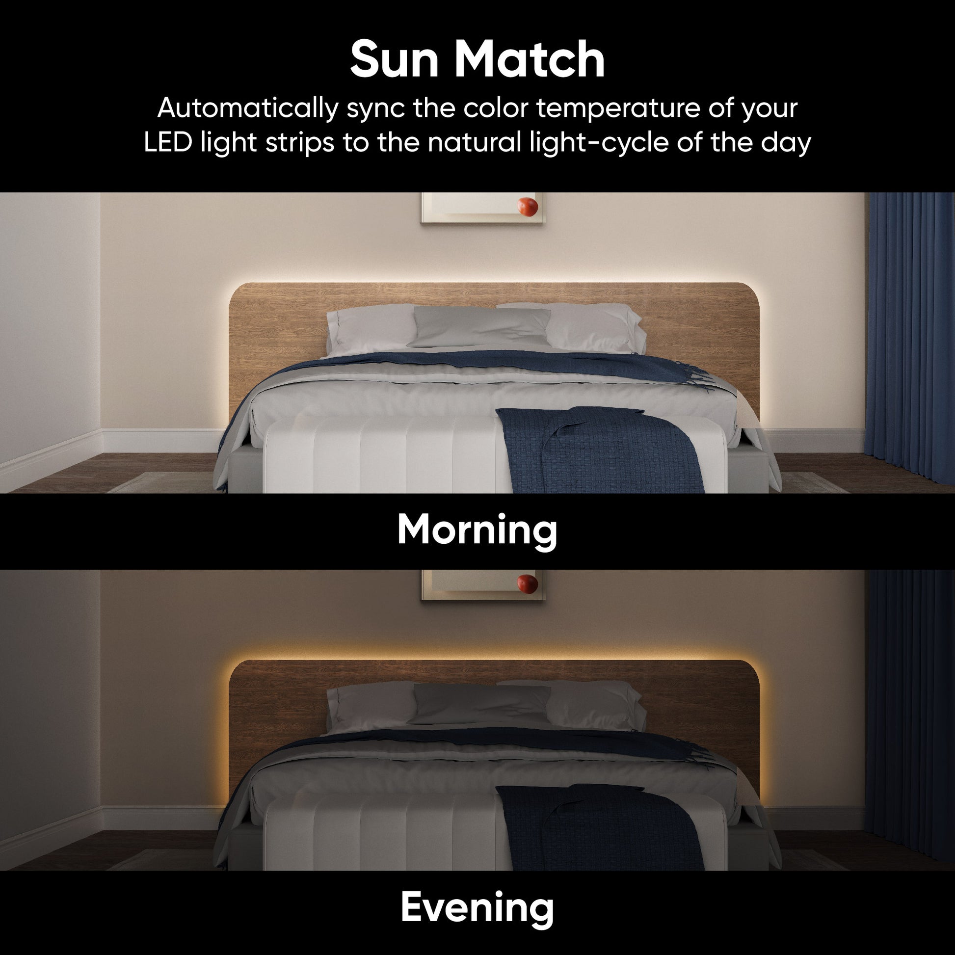 Two images side-by-side that shows the lighting matching to the sun's hue. Black text overlay that says "Sync your lights with the natural light-cycle of the day."
