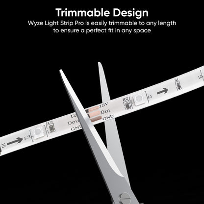 A pair of scissors cutting the light strip. Black text overlay that says "Precise customization to fit your space."