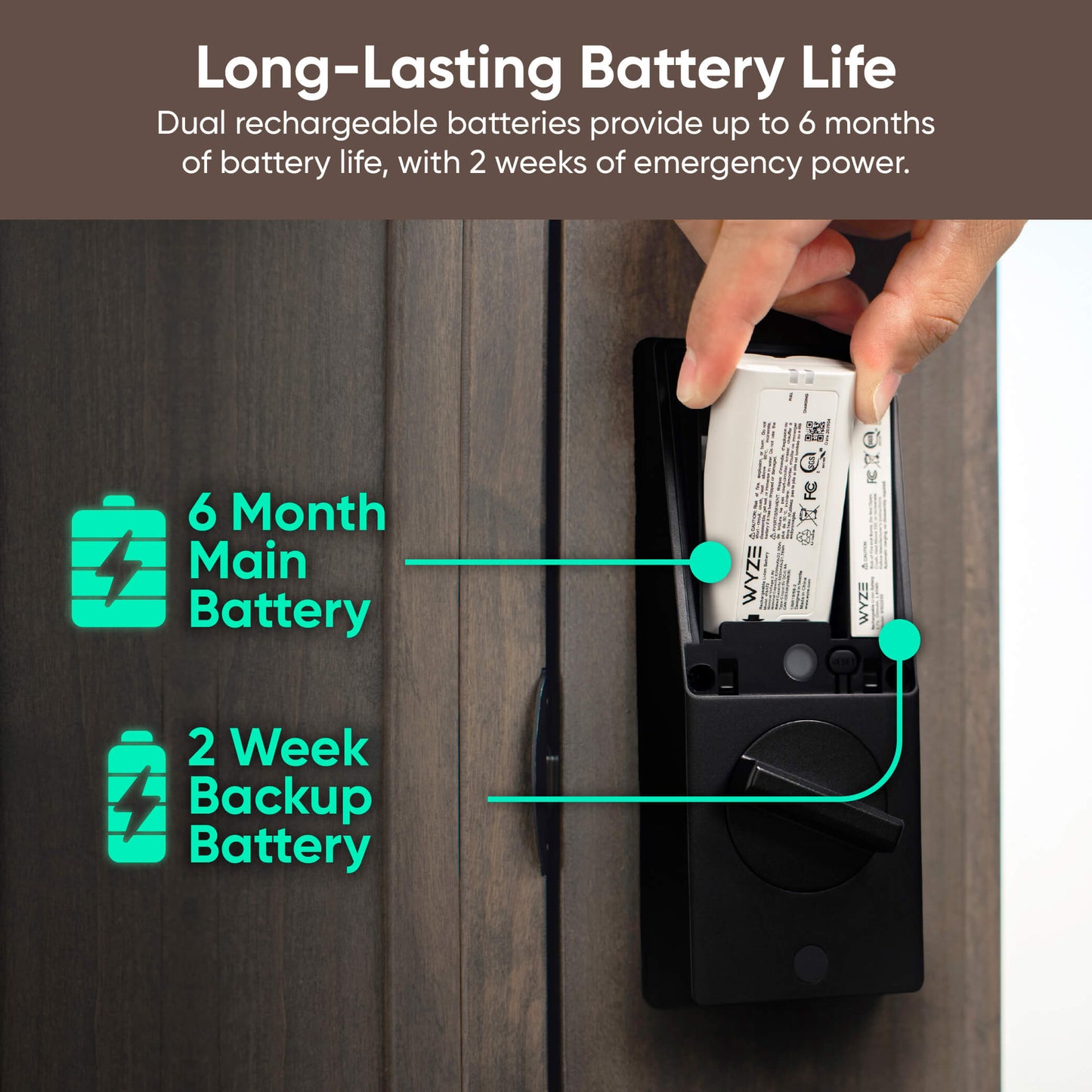 Battery life illustration with text and icons on a wooden background