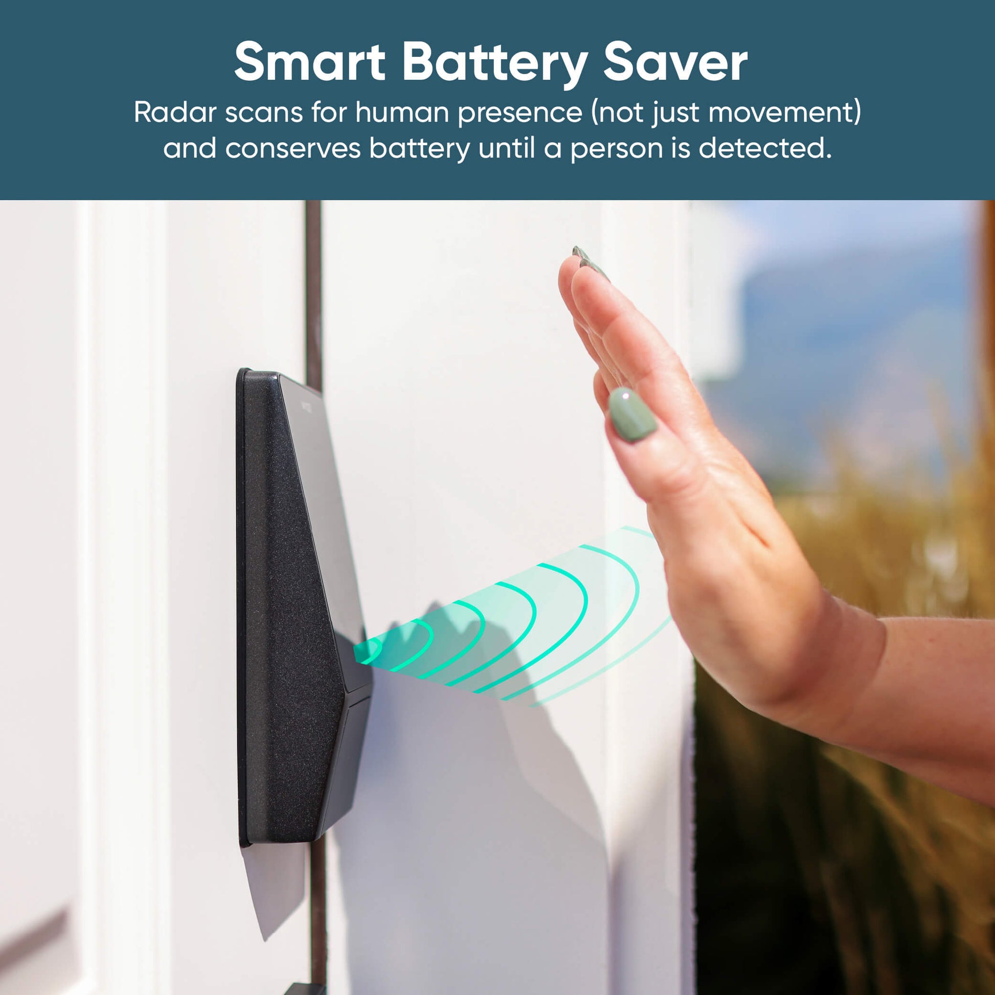 Smart lock device with hand approaching, indicating presence detection feature.