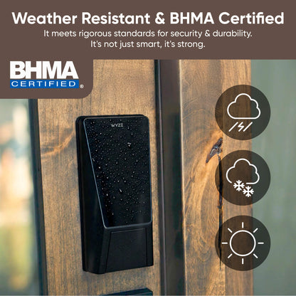 Weather-resistant security device on a wooden door with BHMA certification logo and text.