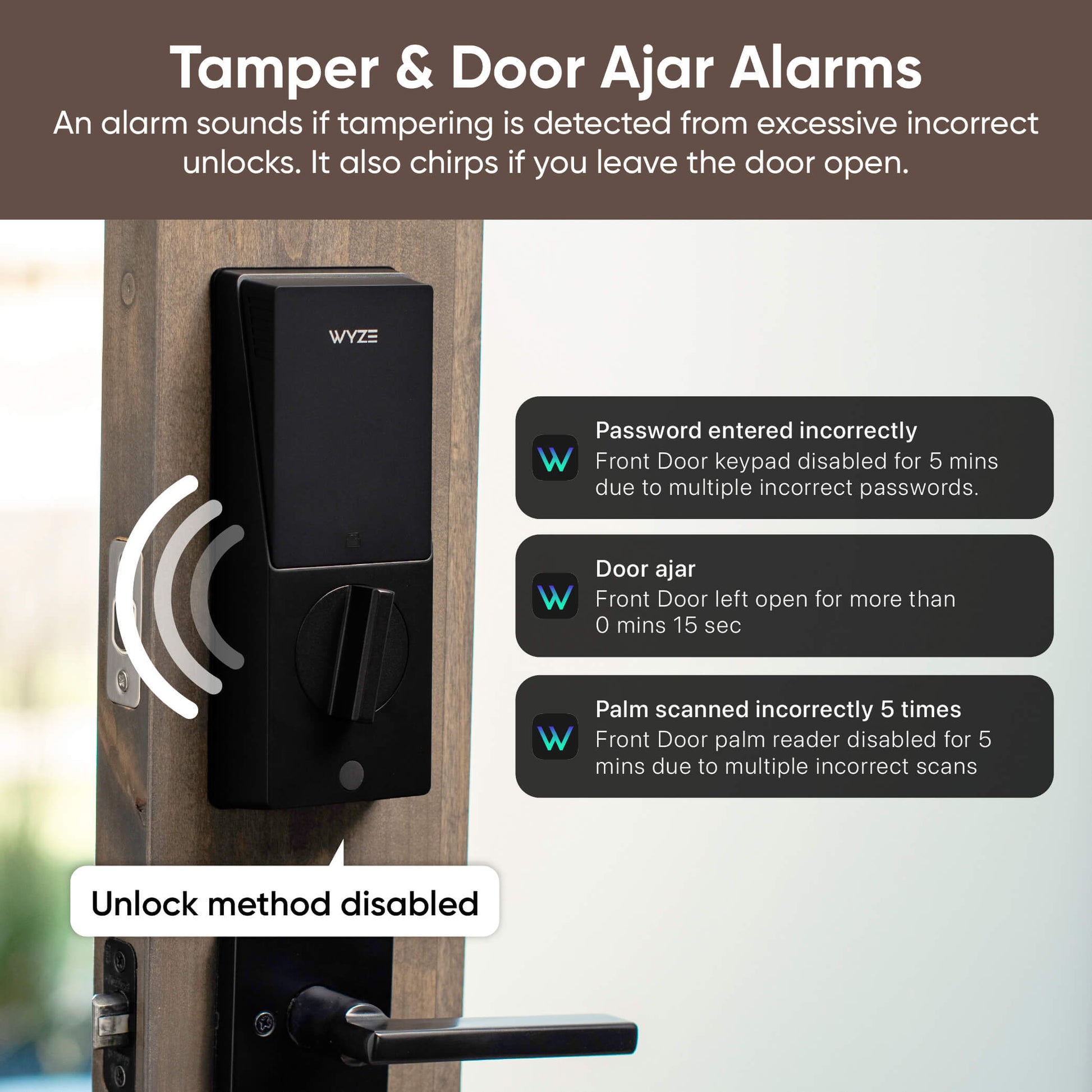 Wyze smart lock with alarm notifications on a wooden door