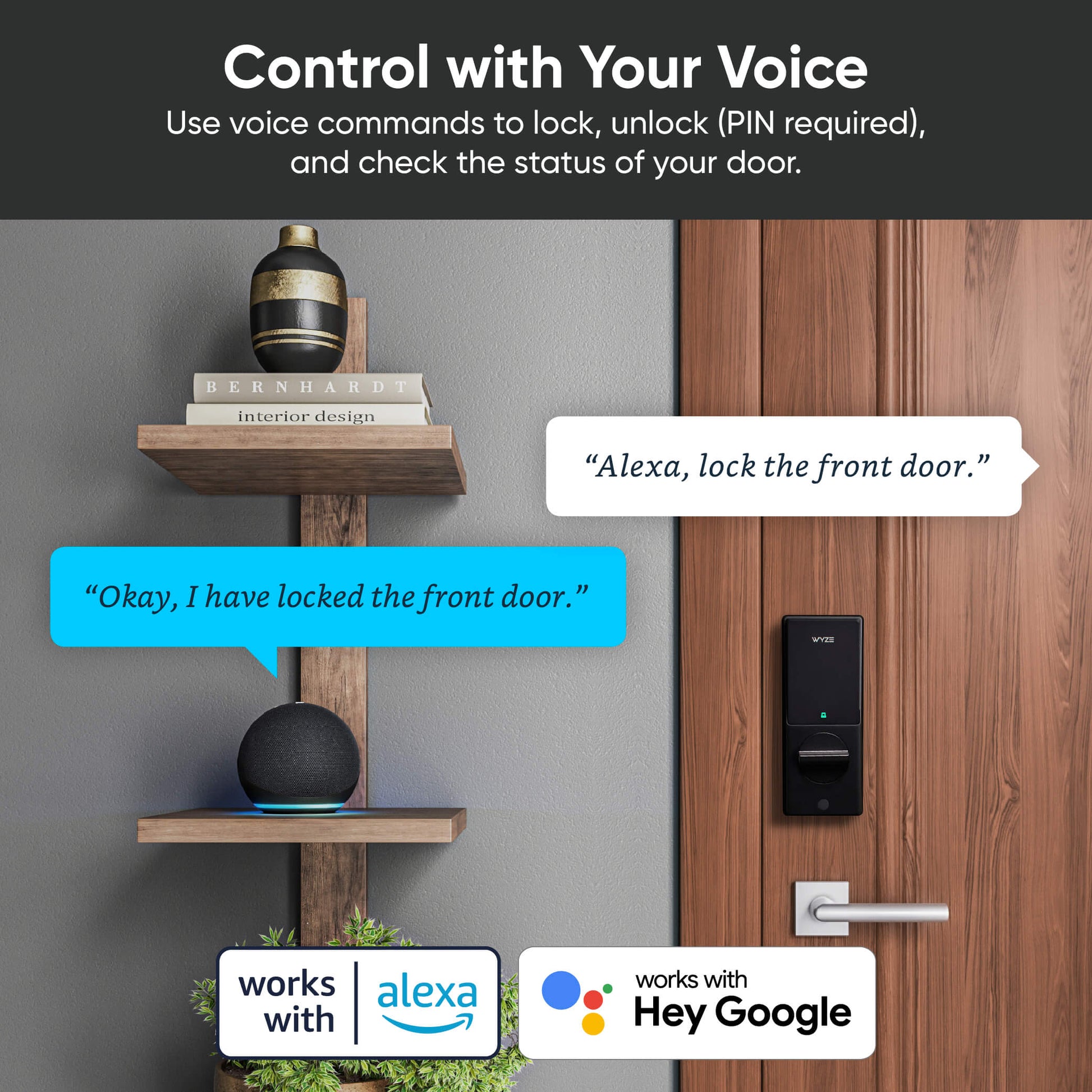 Smart door lock with voice control feature shown next to a wooden door.