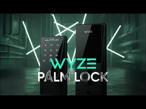 Wyze Palm Lock keypad and lock mechanism against a dark industrial background with neon green lights.