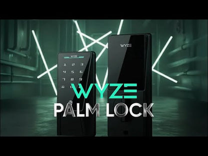 Wyze Palm Lock keypad and lock mechanism against a dark industrial background with neon green lights.