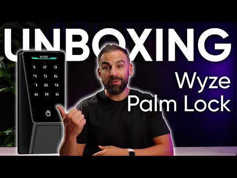 Male gesturing towards Wyze Palm Lock photo overlay with the word Unboxing in background.