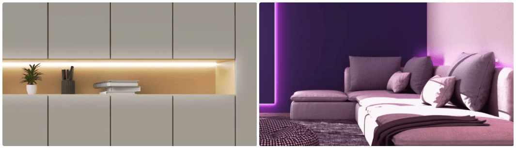 Left side of image shows a warm white light lining cabinets. Right side of image shows a purple light lining a living room.