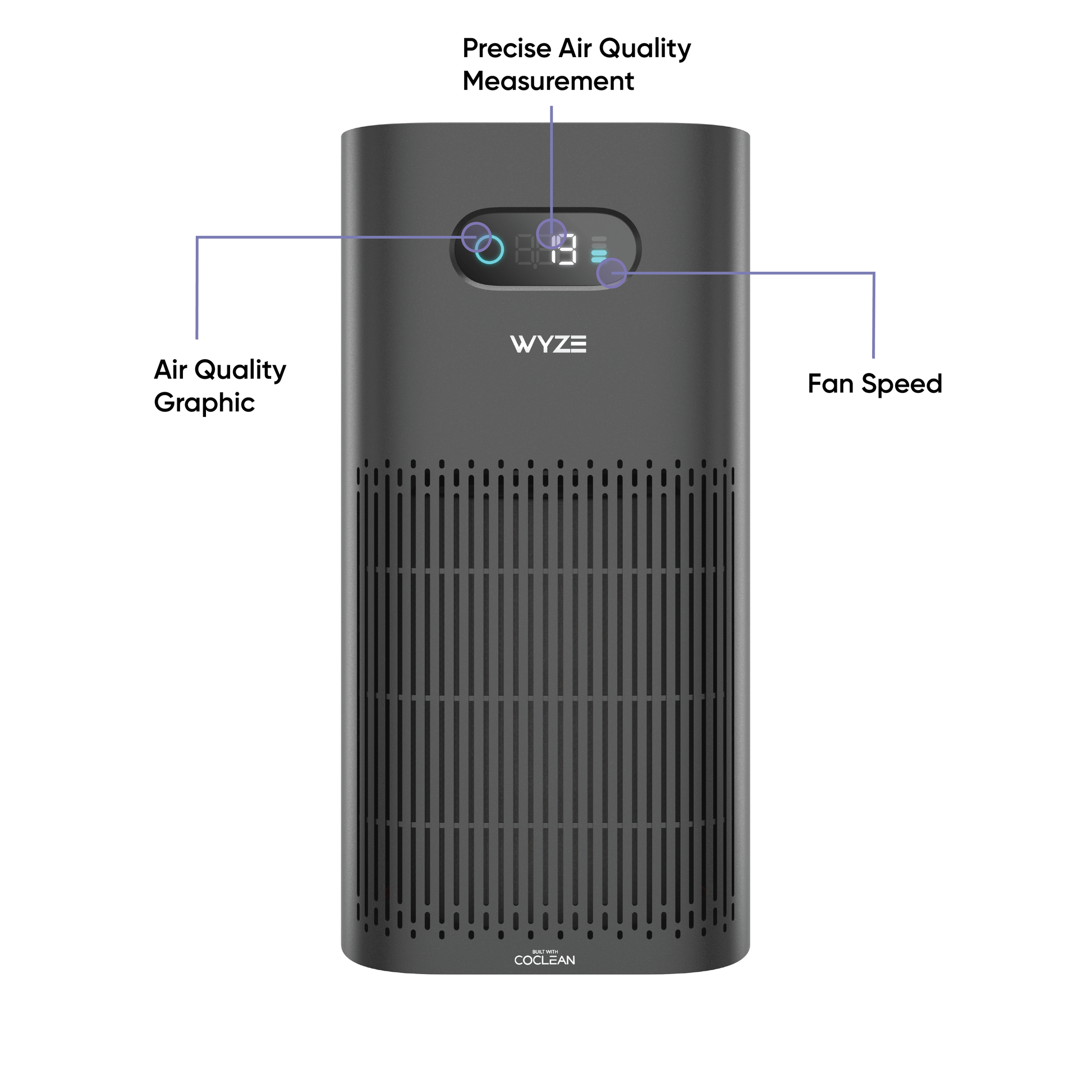 Wyze Air Purifier front-side view with text that says "Air Quality Graphic," "Precise Air Quality Measurement," and "Fan Speed."