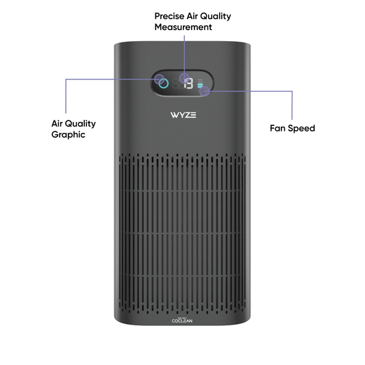 Wyze Air Purifier front-side view with text that says "Air Quality Graphic," "Precise Air Quality Measurement," and "Fan Speed."