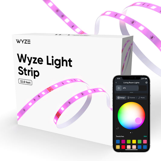 Wyze Light Strip against a white background. On the right side is a phone with the smart light app open.